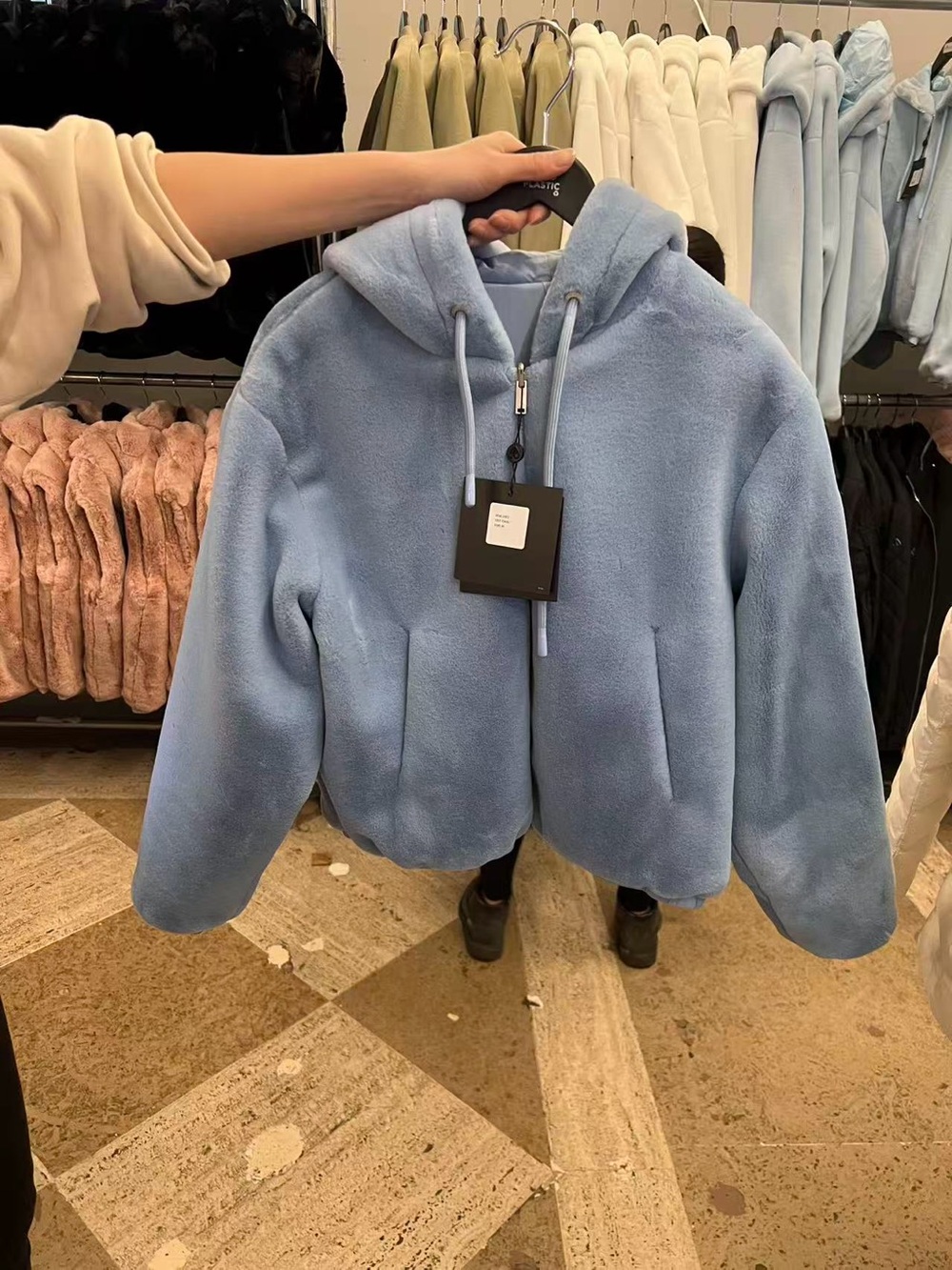 Light Blue Plush Hooded Zip Jacket